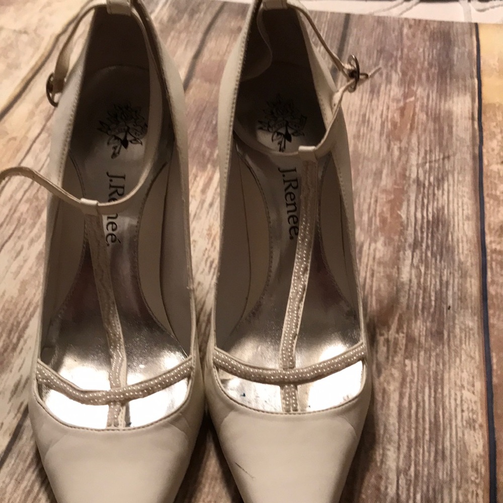 J.Renee white T-Strap with pearls leather heels. Size 8.5M with ankle straps